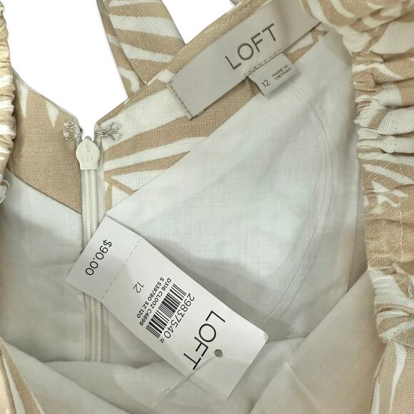 Ann Taylor LOFT Tan Palm Leaf Linen Square Neck Puff Sleeve Dress sz 12 NEW Tags - Picture 12 of 13